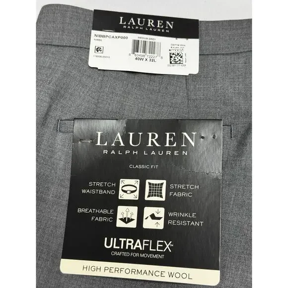 NWT Lauren Ralph Lauren Men's Classic Fit Wool Gray Dress Pants - Size 40x31.5 - Picture 5 of 9